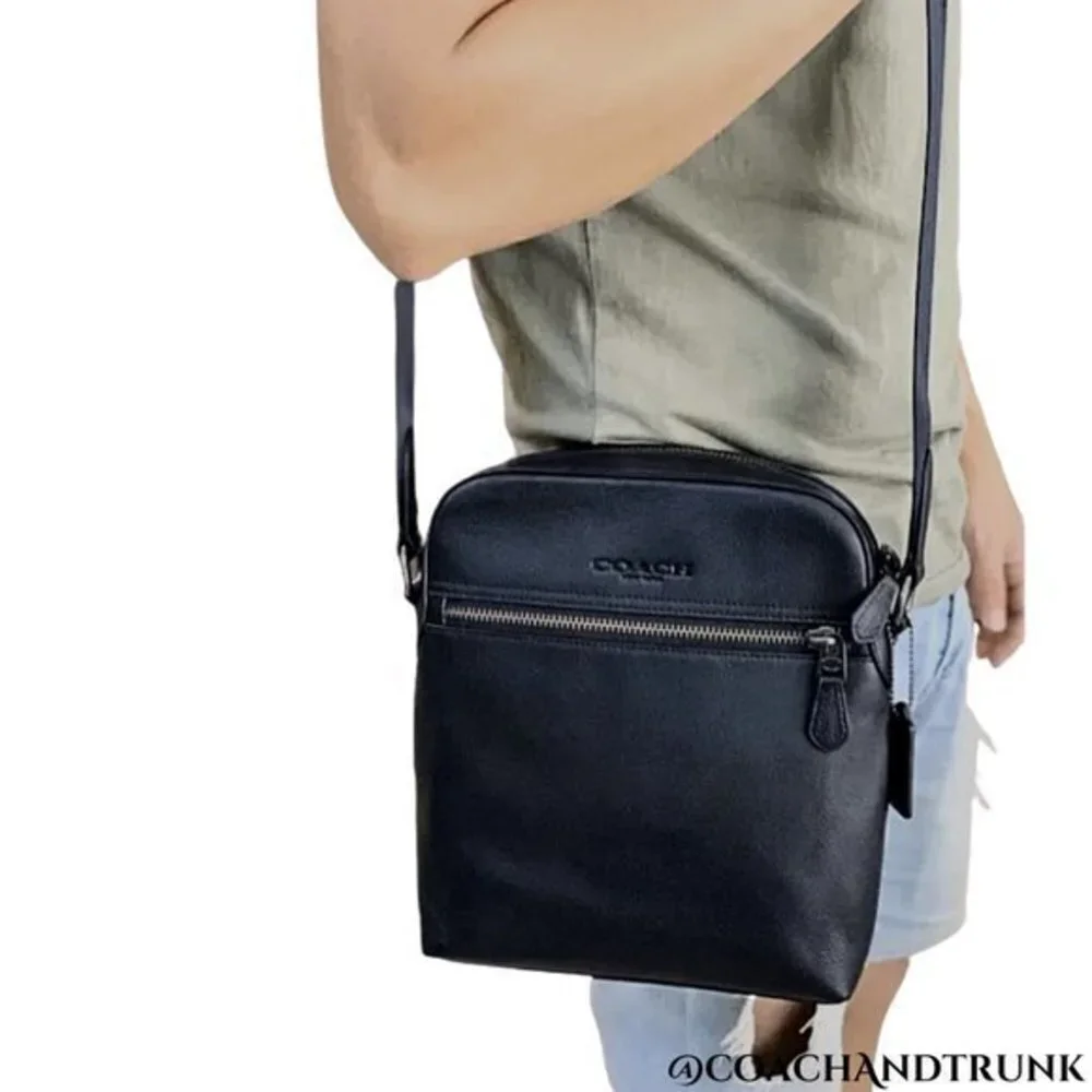 COACH 2PC Leather Houston Flight Bag Black Gunmetal‎ & Zip Card Case NWT